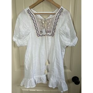 New Air Space Women Blouse Aprox L White Puffed Sleeve Boho Peasant Embroidered